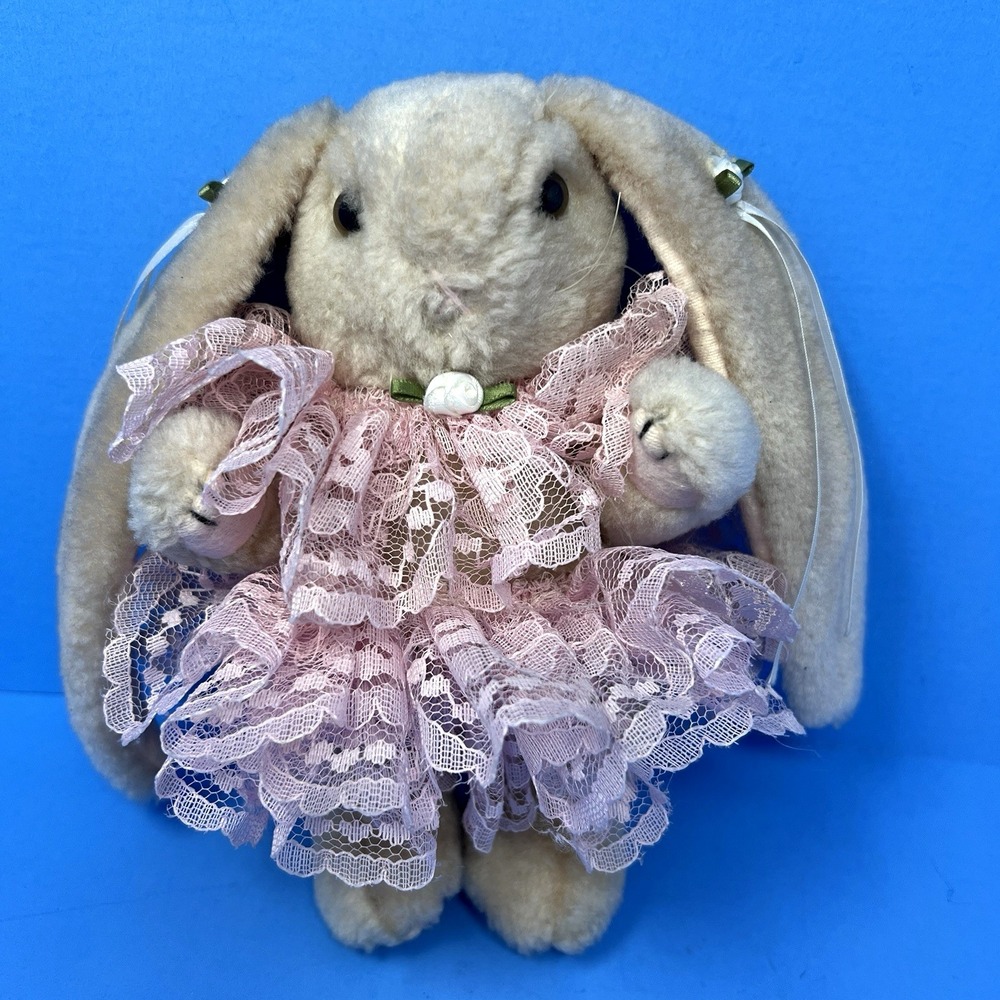 Vintage Bunny Rabbit Plush Jointed Lace 7" Stuffed Animal Collectible Toy 1990's